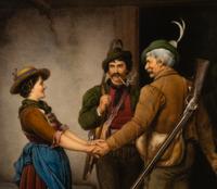 A Berlin (K.P.M.) Porcelain Plaque Depicting The Parting of the Hunter After Franz Von DeFregger