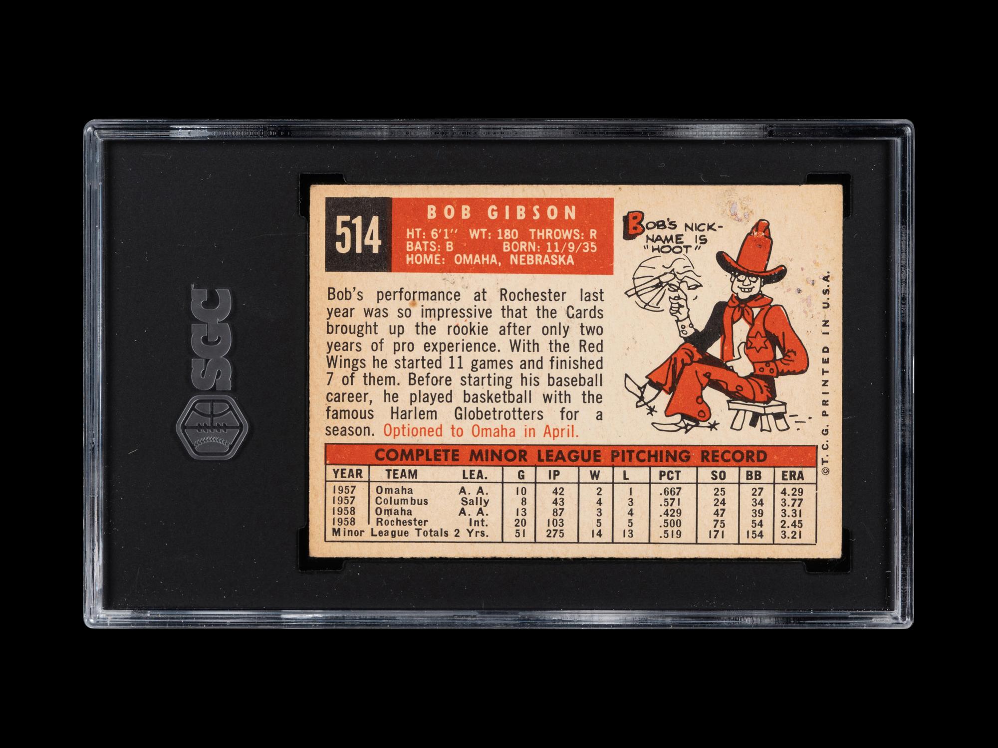 A 1959 Topps Bob Gibson Rookie Baseball Card No. 514 (SGC 4 VG/EX)