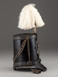 [MILITIA]. Fully-trimmed militia dragoon shako with original box. Manufactured by Joseph T. Bell, New York, ca 1840.