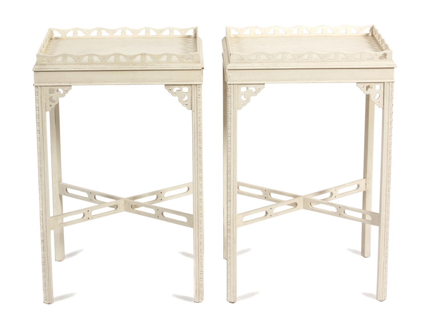 A Pair of Chinese Chippendale Style White Painted Side Tables Height 28 1/4 x width 18 x depth 15 inches. — 20TH CENTURY