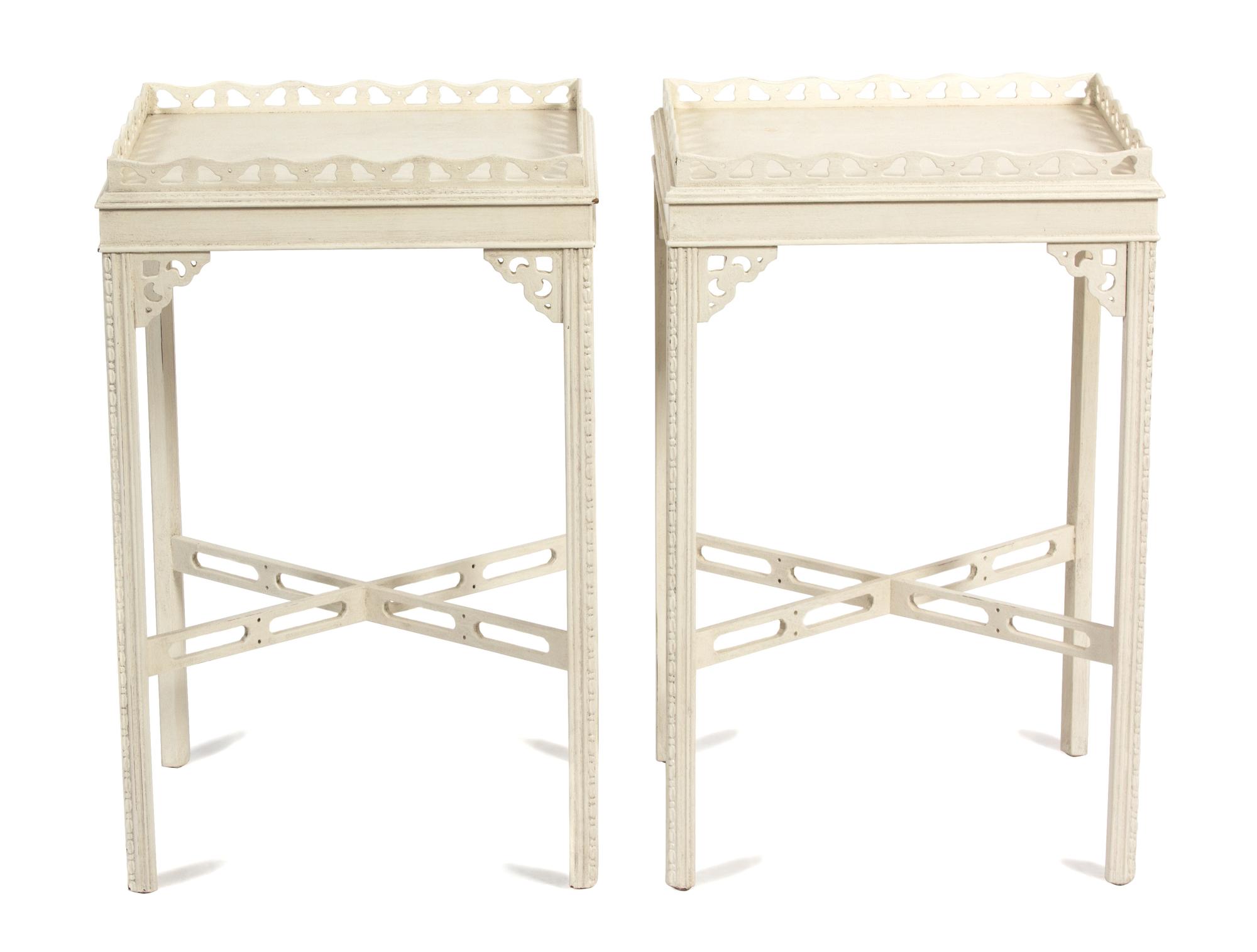 A Pair of Chinese Chippendale Style White Painted Side Tables Height 28 1/4 x width 18 x depth 15 inches. — 20TH CENTURY