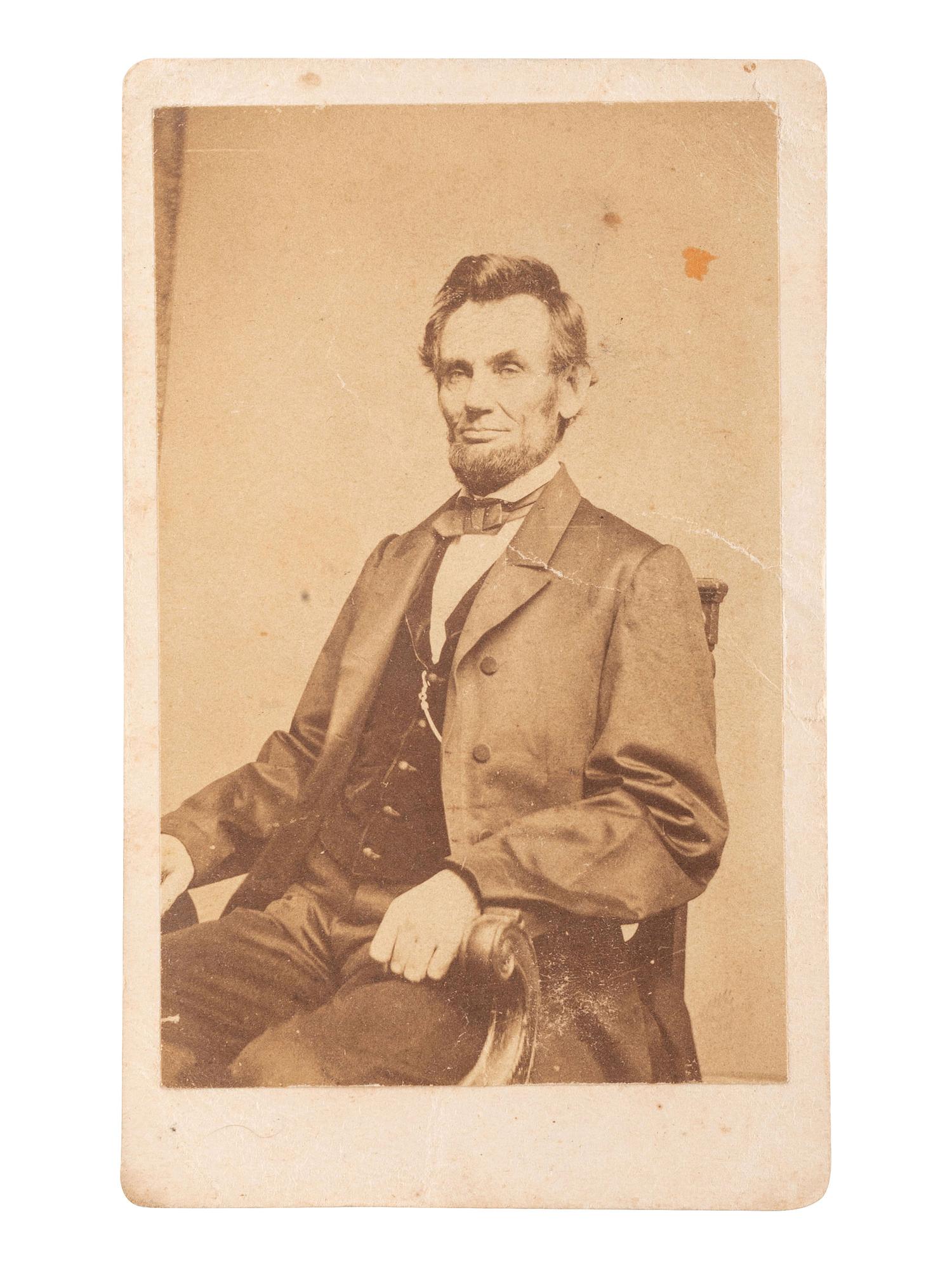 [LINCOLN, Abraham (1809-1865)]. BRADY, Mathew (1822-1896), photographer. CDV of Abraham Lincoln. Washington, DC.