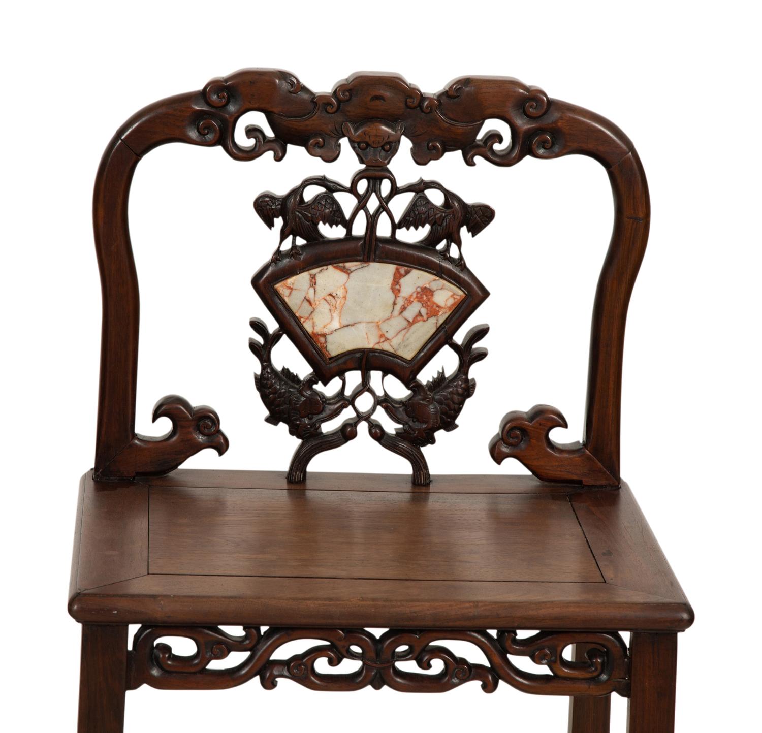 A Pair of Chinese Carved Hardwood Side Chairs with Marble Inset Back Panel