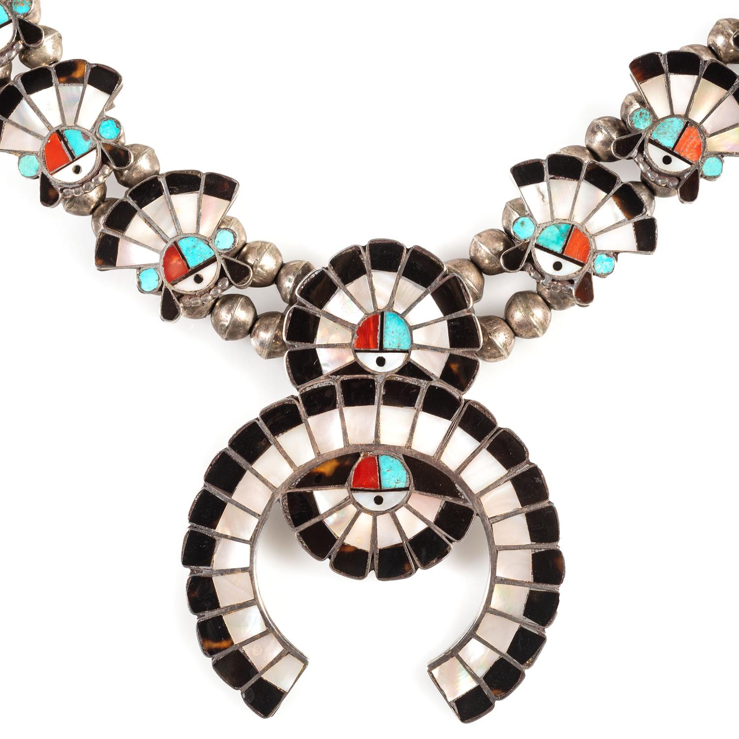 Zuni Silver and Mosaic Inlay Sun Face Squash Blossom Necklace
