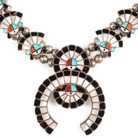 Zuni Silver and Mosaic Inlay Sun Face Squash Blossom Necklace