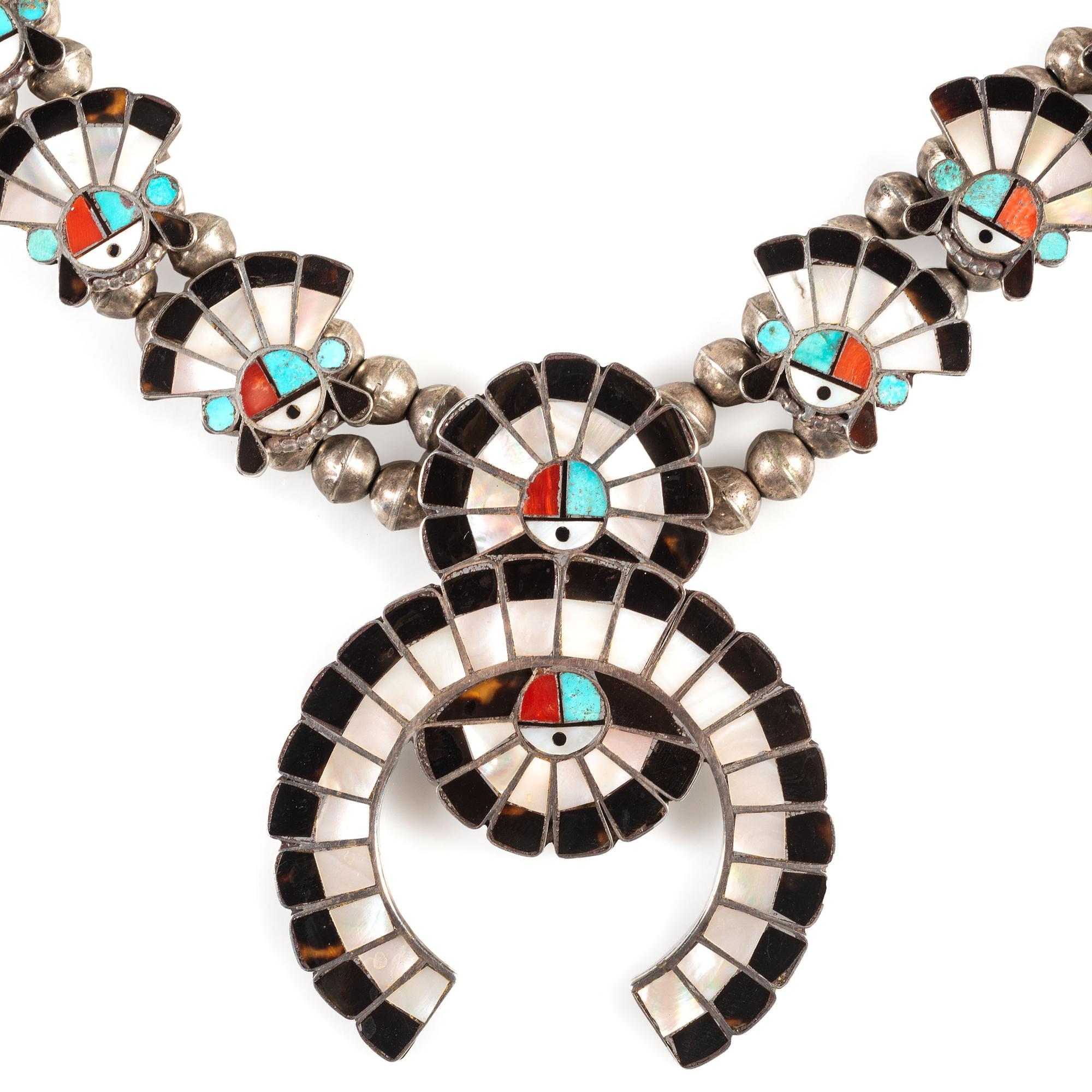 Zuni Silver and Mosaic Inlay Sun Face Squash Blossom Necklace