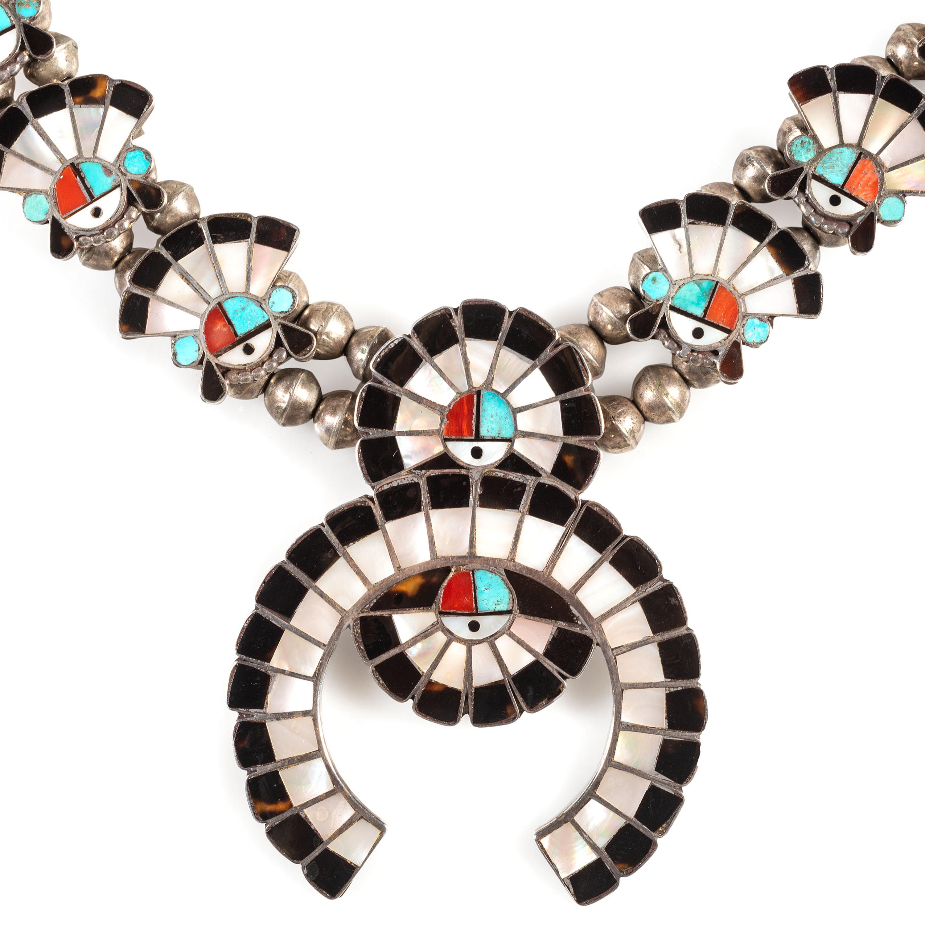 Zuni Silver and Mosaic Inlay Sun Face Squash Blossom Necklace