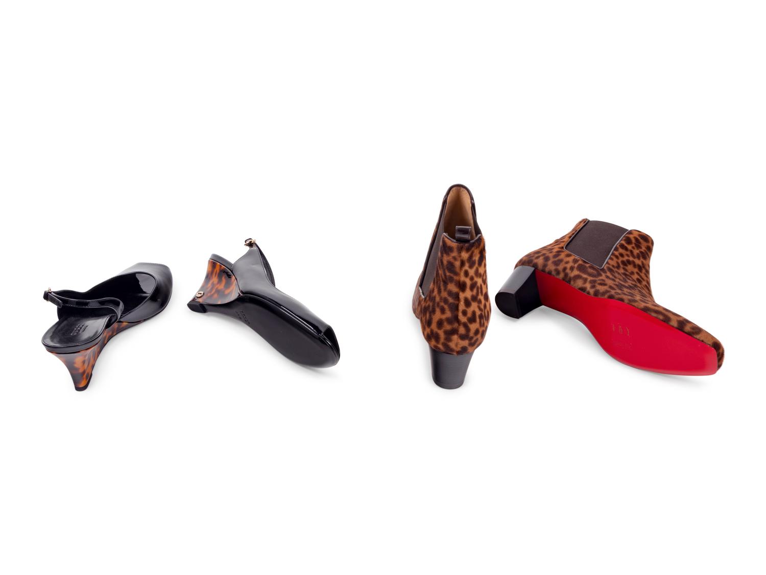 Four Animal Print Pieces: One Lambertson Truex Frame Clutch Bag, One Valentino Double Flap Bag, One Pair of Gucci Sling Back Shoes, One Pair of Louboutin Boots