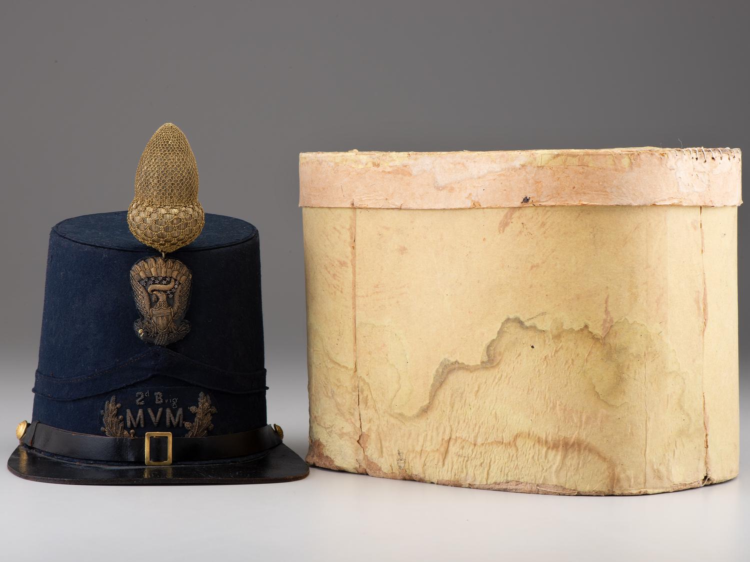 [MILITIA]. Frock coat and Model 1851 shako with original box identified to Massachusetts Militia Brigadier General Eliab Ward.