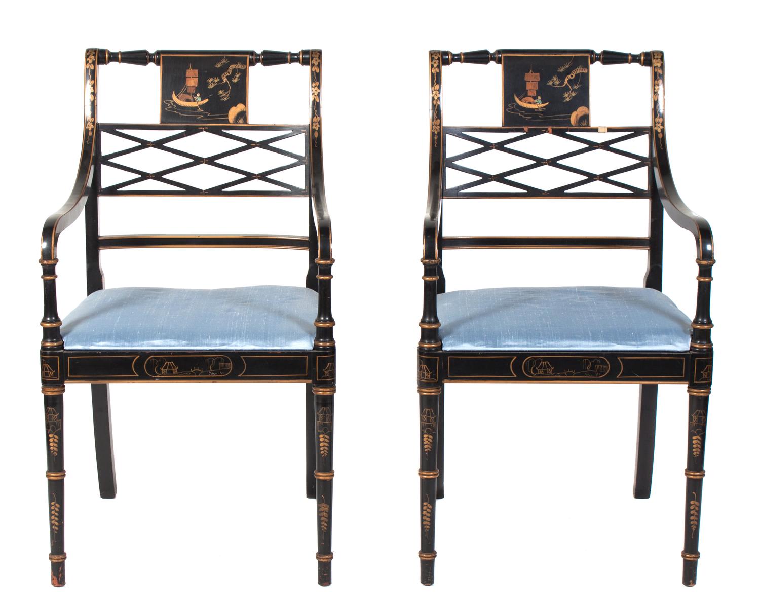 A Pair of Regency Style Ebonized Armchairs Height 36 1/2 inches. — 20TH CENTURY