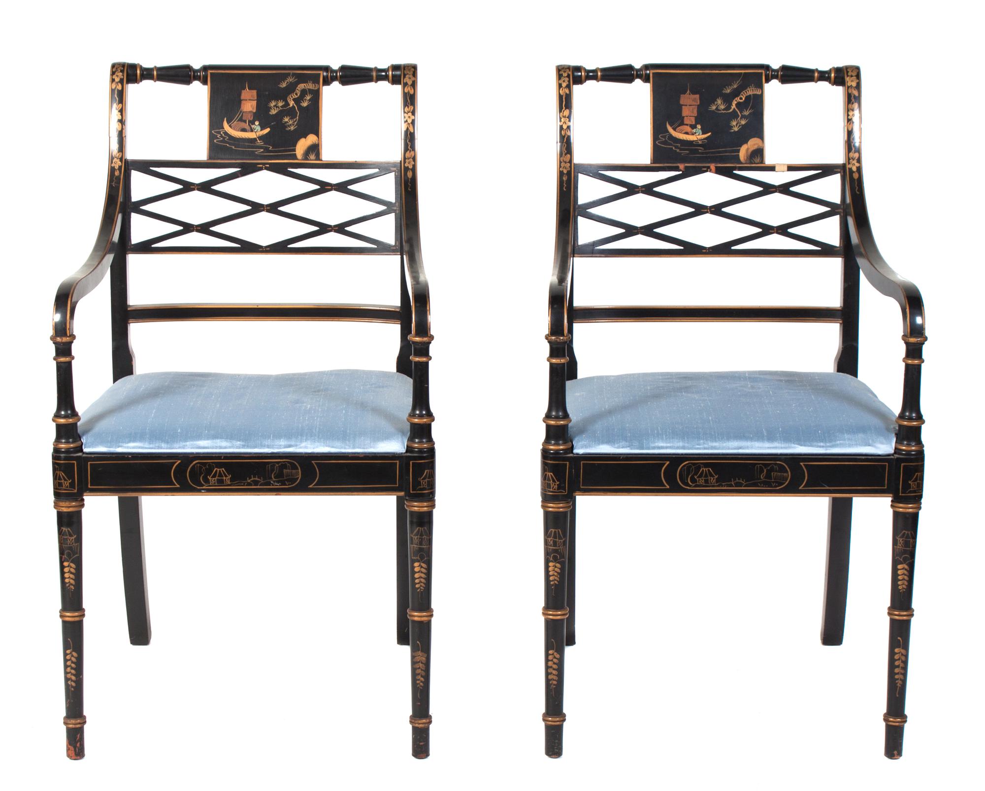 A Pair of Regency Style Ebonized Armchairs Height 36 1/2 inches. — 20TH CENTURY