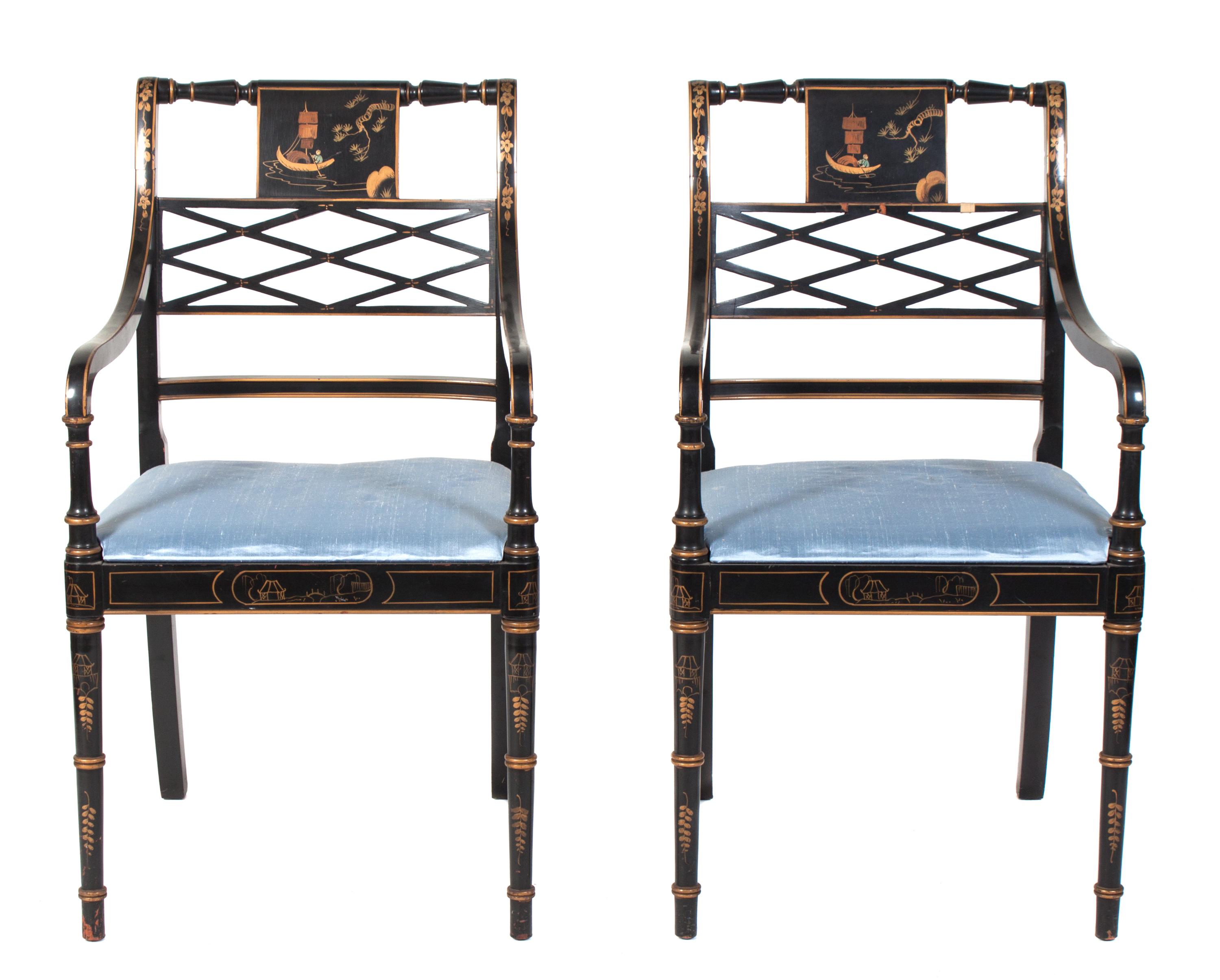A Pair of Regency Style Ebonized Armchairs Height 36 1/2 inches. — 20TH CENTURY