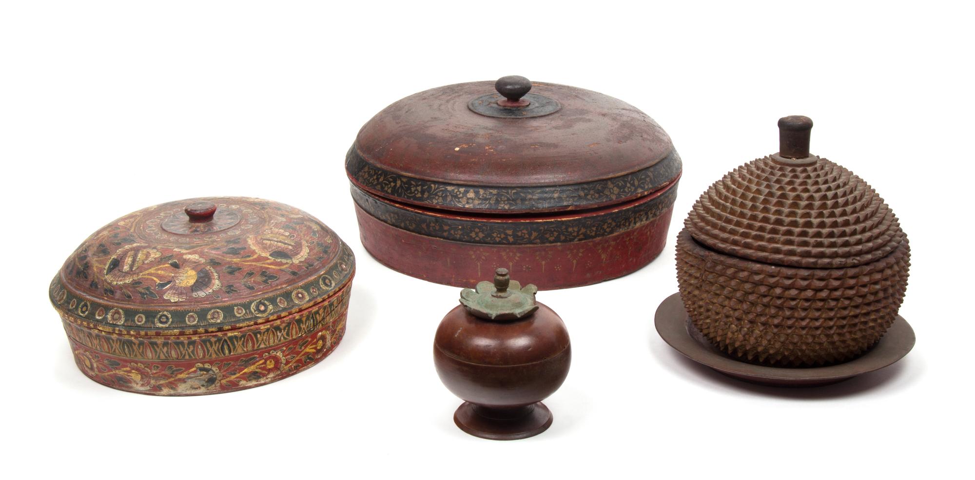 Four Indonesian Carved Wooden Boxes Diameter of largest 13 inches. — LATE 19th/EARLY 20th CENTURY