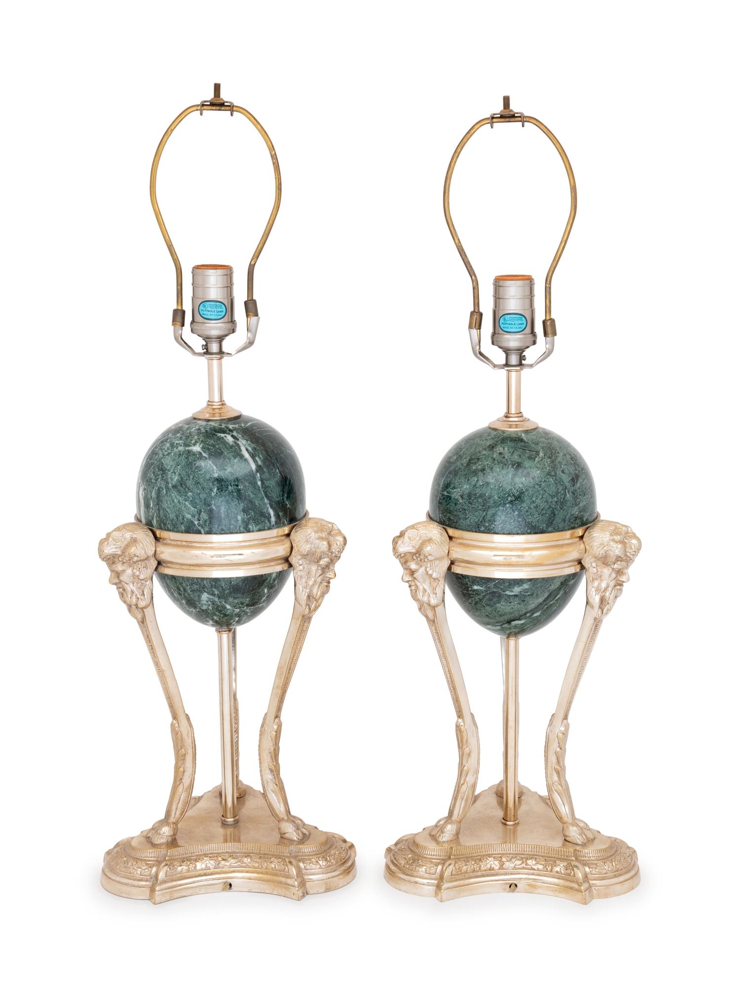 A Pair of Neoclassical Style Silvered Metal and Marble Lamps