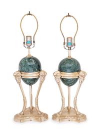 A Pair of Neoclassical Style Silvered Metal and Marble Lamps