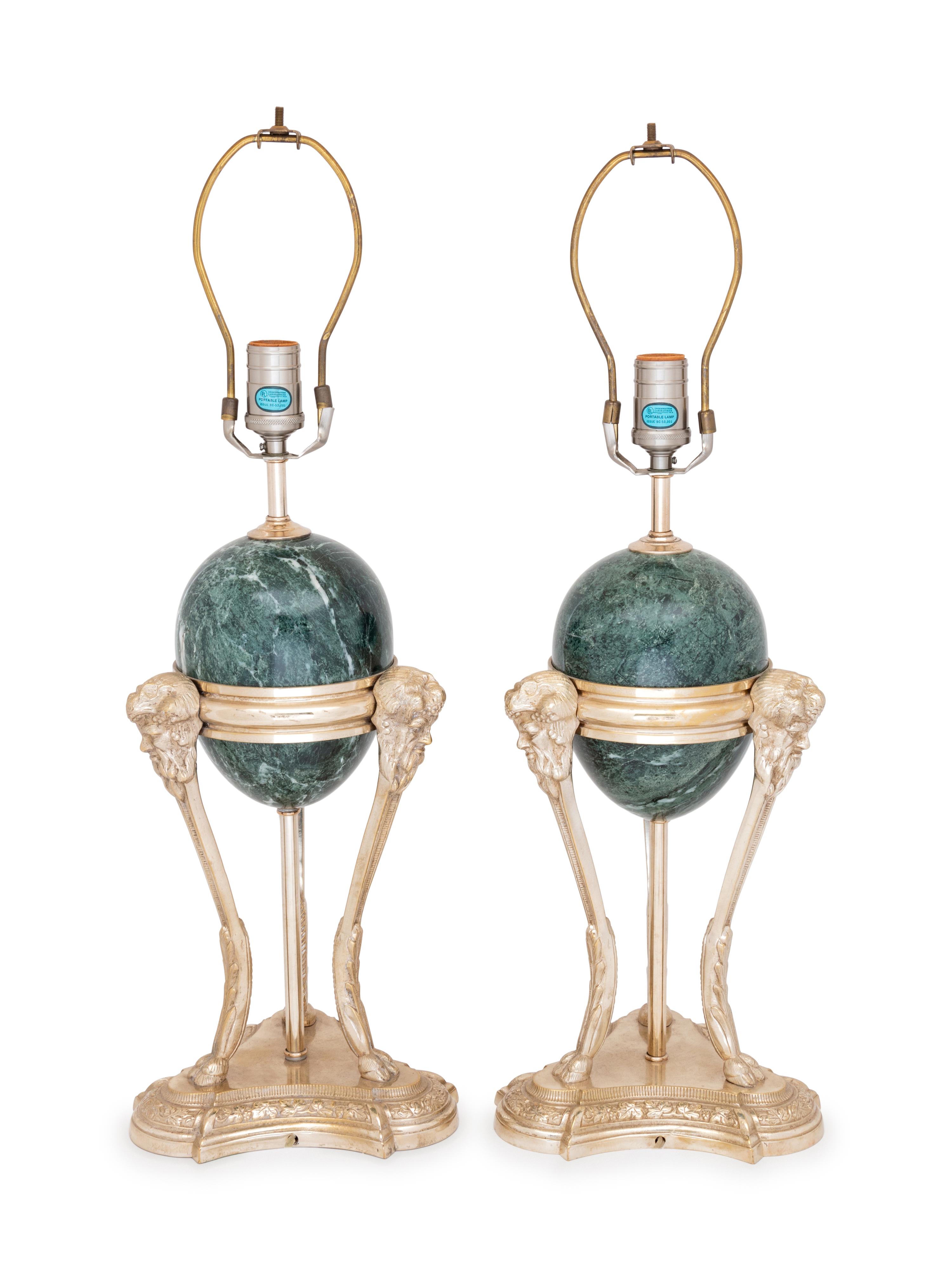 A Pair of Neoclassical Style Silvered Metal and Marble Lamps