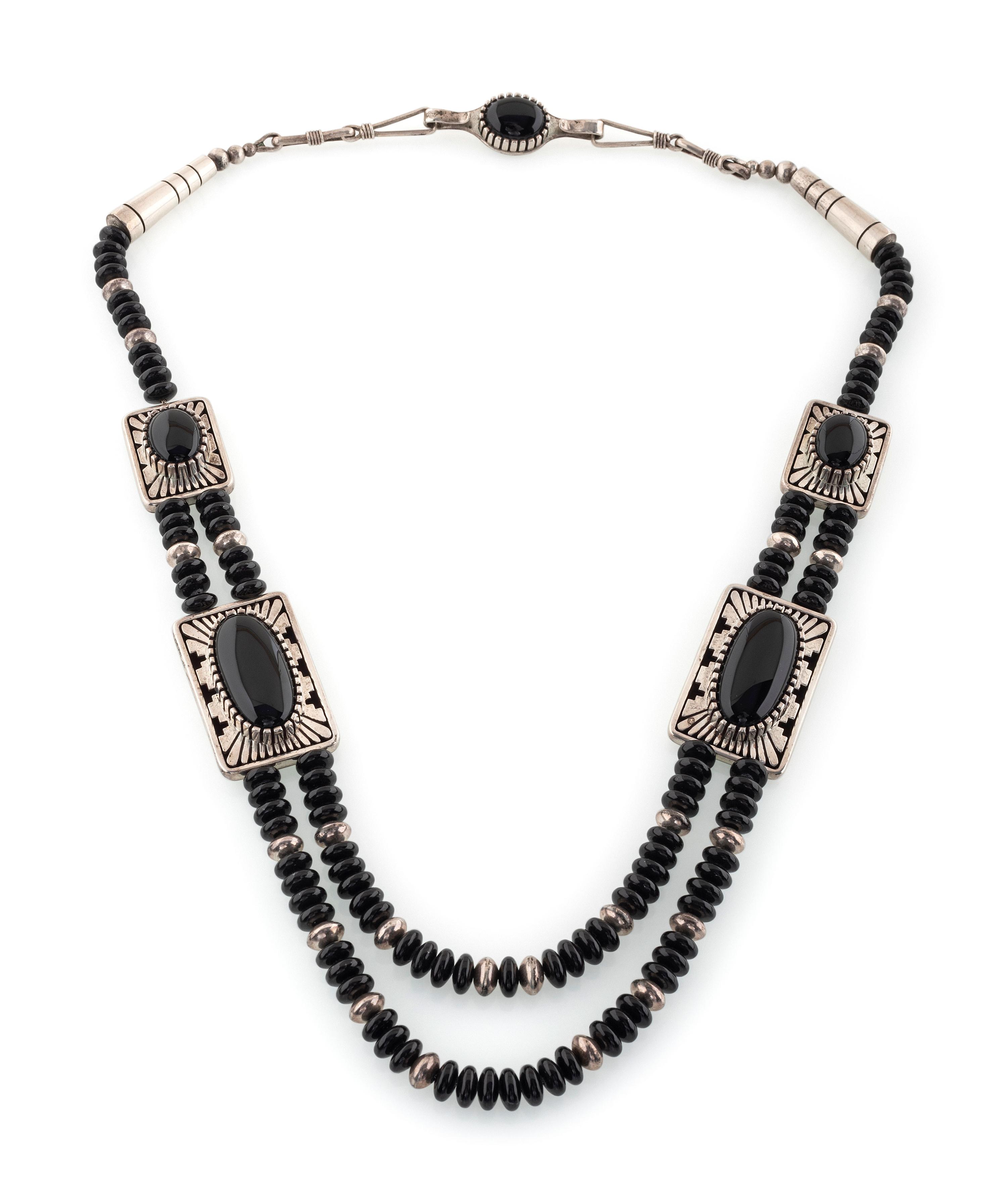 Multi-Strand Jet Necklace, with Sterling Silver Accents