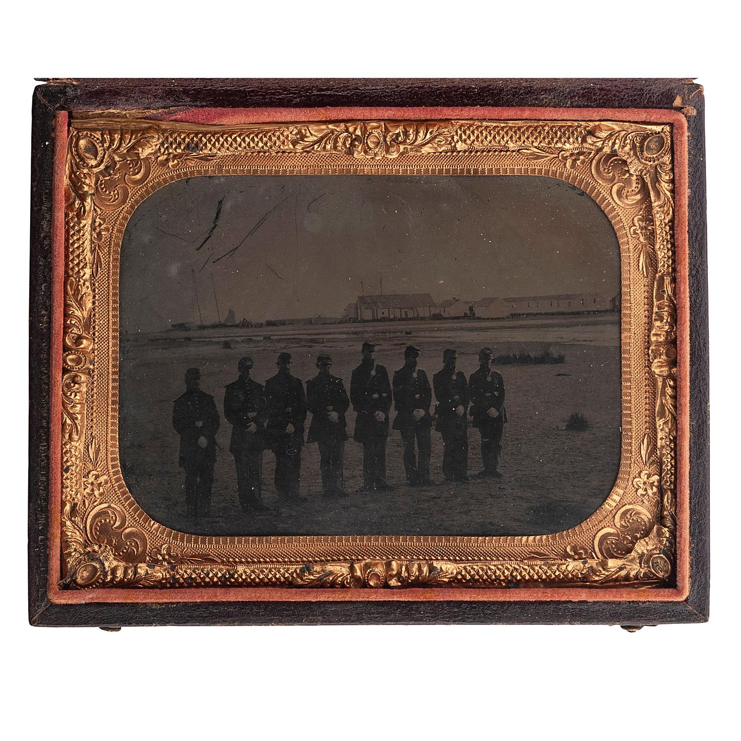 [CIVIL WAR]. Quarter plate tintype of Union artillery soldiers on the beach at Hilton Head, South Carolina. [Hilton Head, SC]: n.p., [1860s].