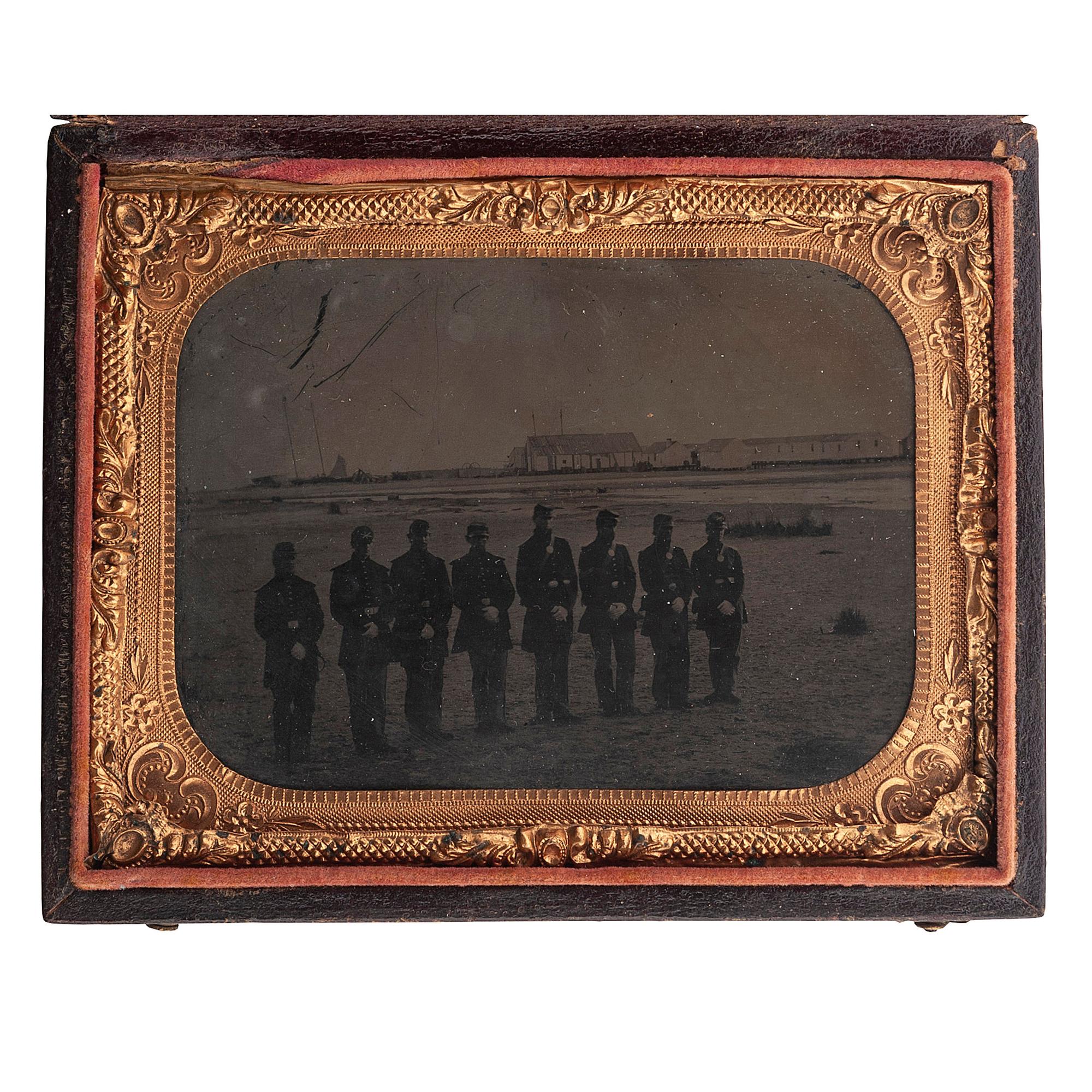 [CIVIL WAR]. Quarter plate tintype of Union artillery soldiers on the beach at Hilton Head, South Carolina. [Hilton Head, SC]: n.p., [1860s].