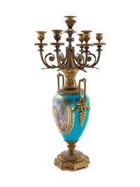 A Sèvres Style Gilt Bronze Mounted Painted and Parcel Gilt Celeste-Blue Ground Porcelain Seven-Light Candelabrum
