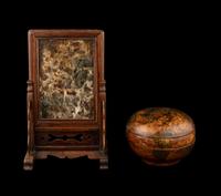 A Chinese Dream Stone Inset Huali Wood Table Screen and A Gilt Lacquered Wood Covered Box