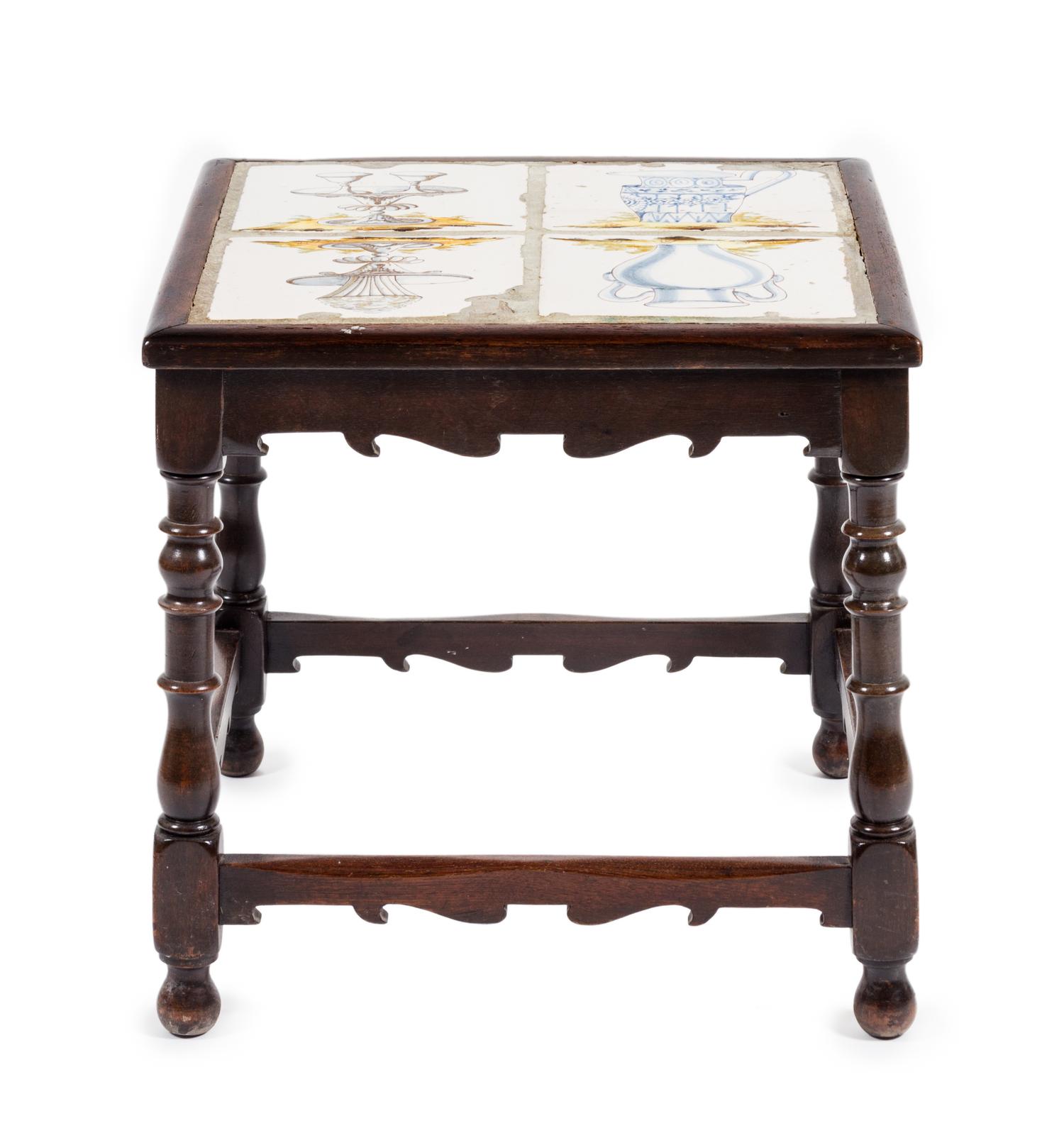 A William and Mary Style Tile Inset Side Table Height 18 3/4 x width 19 x depth 19 1/4 inches.
