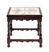 A William and Mary Style Tile Inset Side Table Height 18 3/4 x width 19 x depth 19 1/4 inches.