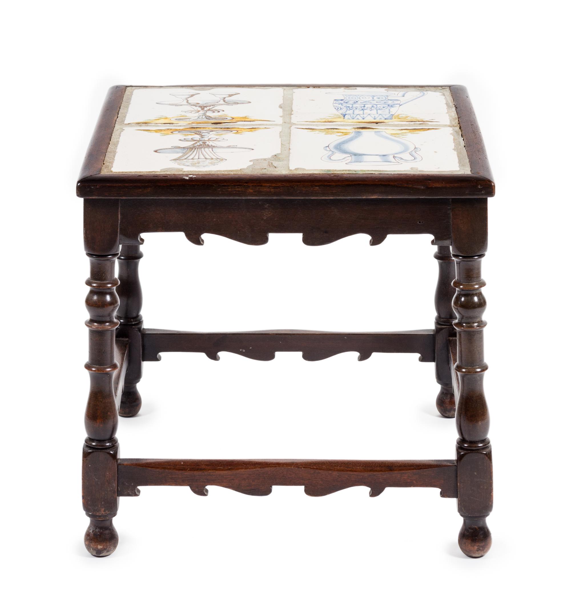 A William and Mary Style Tile Inset Side Table Height 18 3/4 x width 19 x depth 19 1/4 inches.