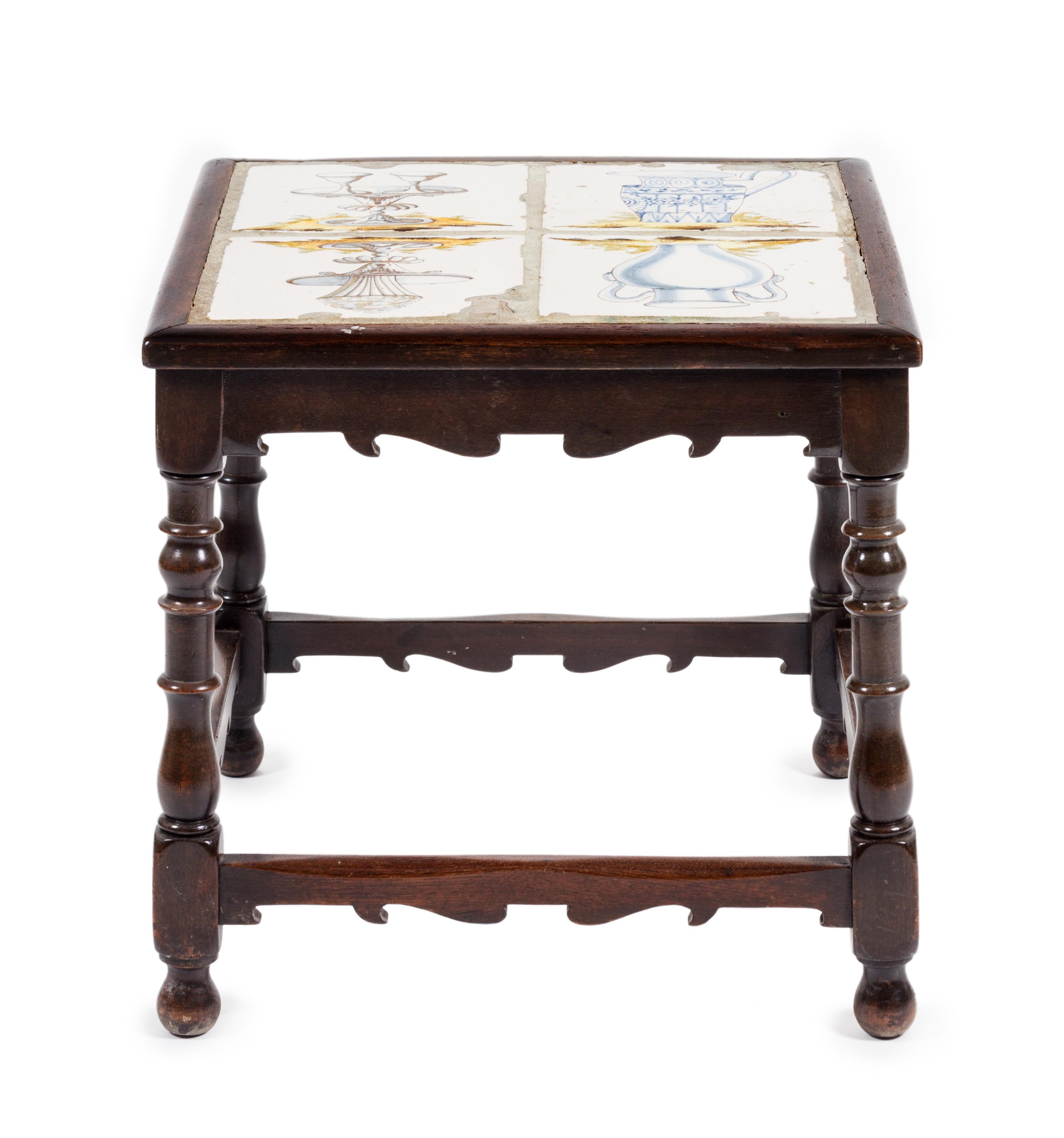 A William and Mary Style Tile Inset Side Table Height 18 3/4 x width 19 x depth 19 1/4 inches.