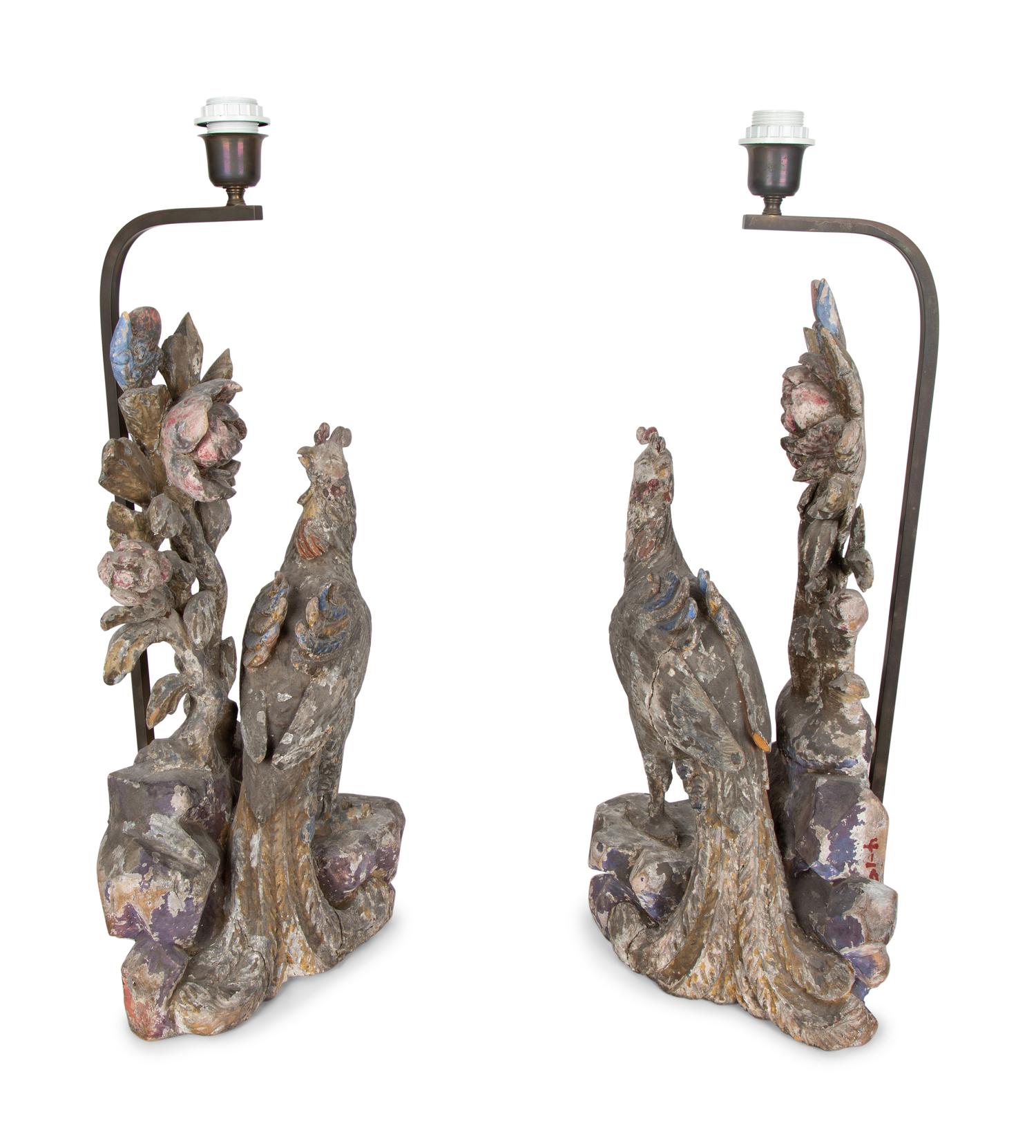 A Pair of Chinese Carved and Painted Wood Figures of Phoenixes — 19TH CENTURY
