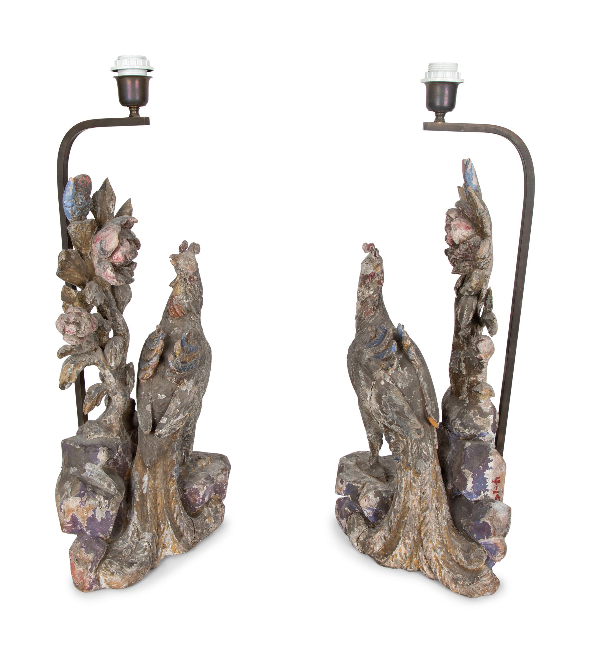 A Pair of Chinese Carved and Painted Wood Figures of Phoenixes — 19TH CENTURY
