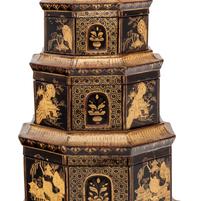 A Chinese Export Black and Gilt Lacquer Pagoda-Form Stacking Container