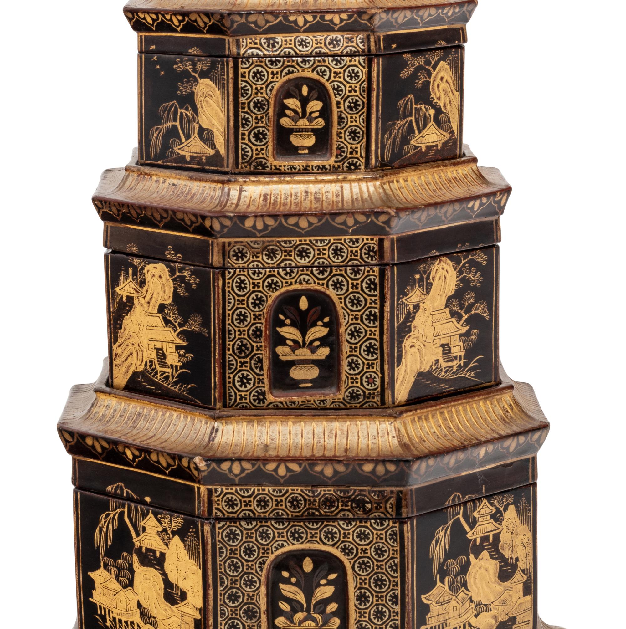 A Chinese Export Black and Gilt Lacquer Pagoda-Form Stacking Container