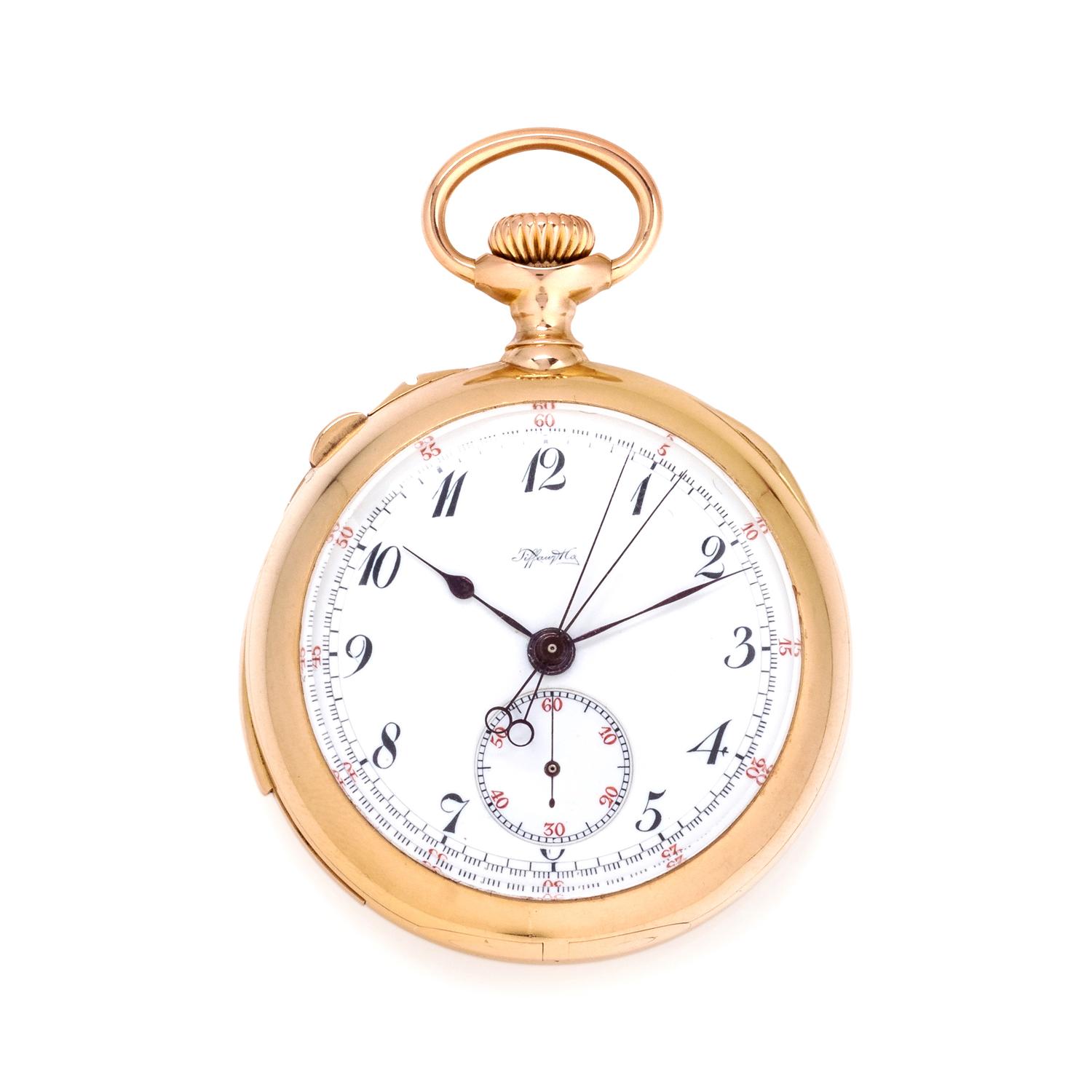 TIFFANY & CO., 18K YELLOW GOLD SPLIT SECOND CHRONOGRAPH OPEN FACE POCKET WATCH