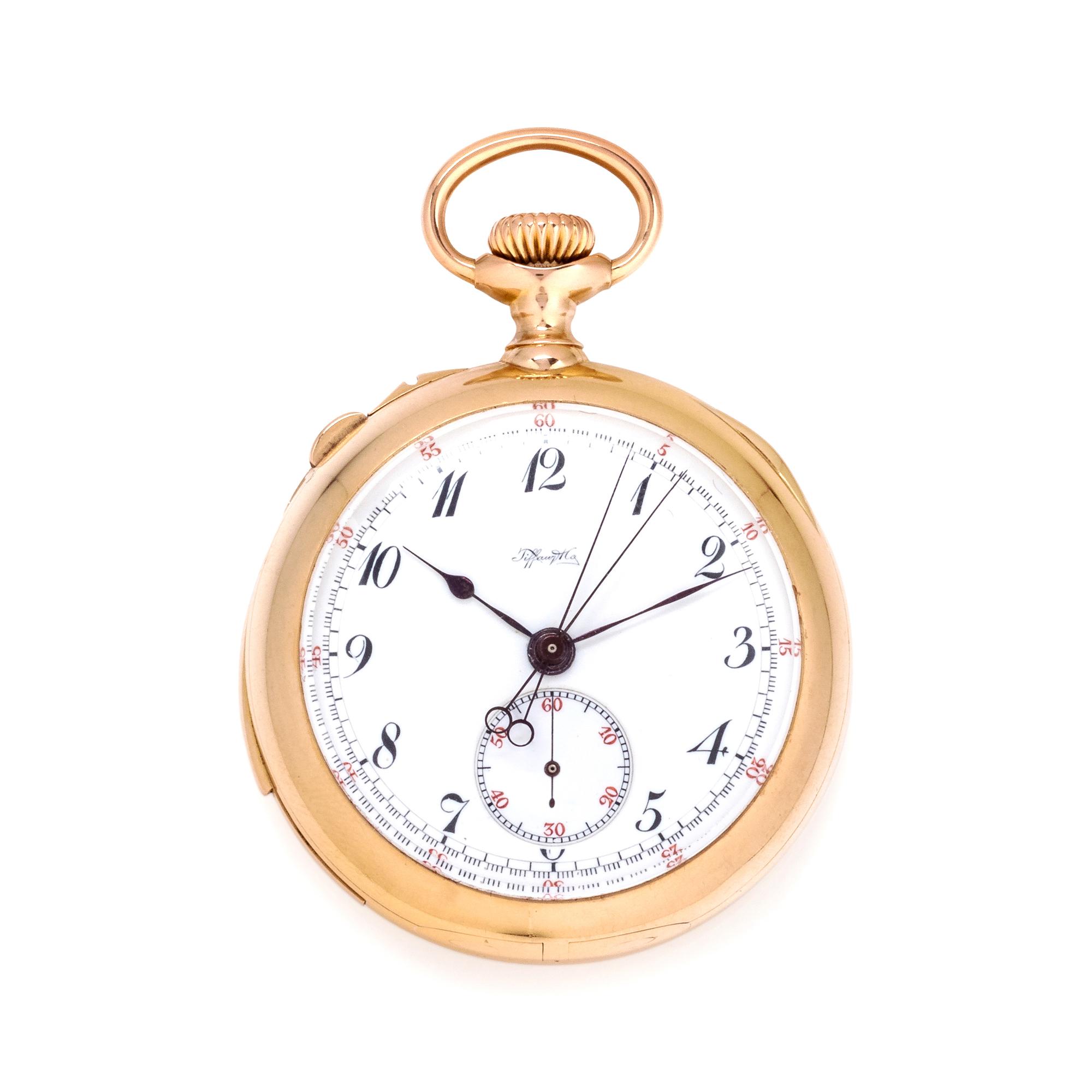 TIFFANY & CO., 18K YELLOW GOLD SPLIT SECOND CHRONOGRAPH OPEN FACE POCKET WATCH