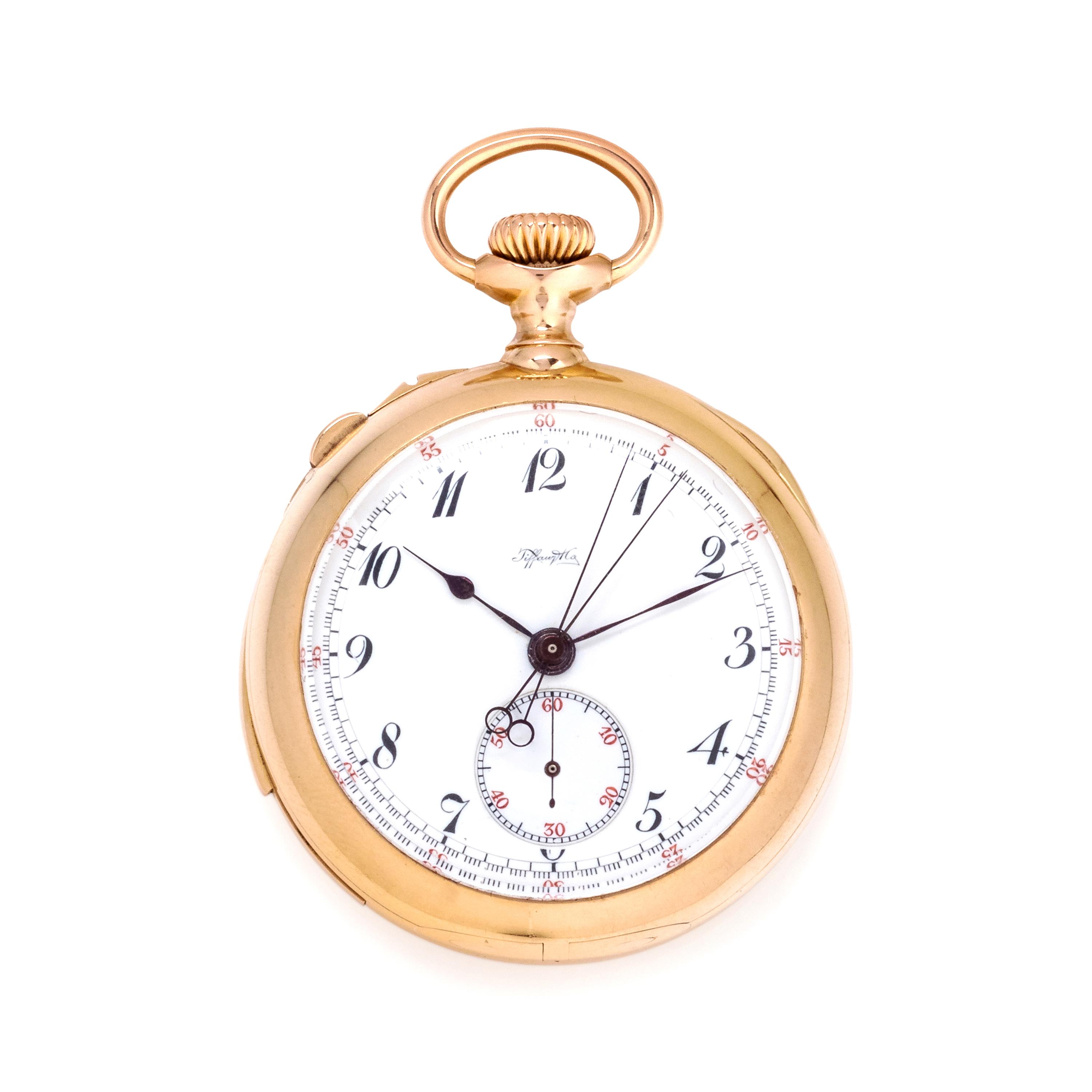 TIFFANY & CO., 18K YELLOW GOLD SPLIT SECOND CHRONOGRAPH OPEN FACE POCKET WATCH