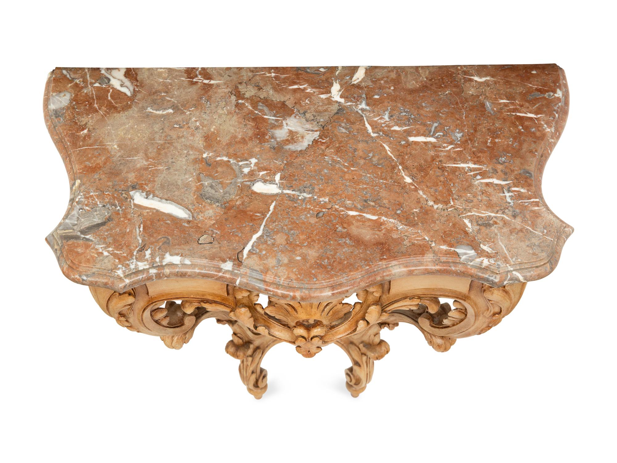 An Italian Carved Walnut Marble Top Console d'Applique