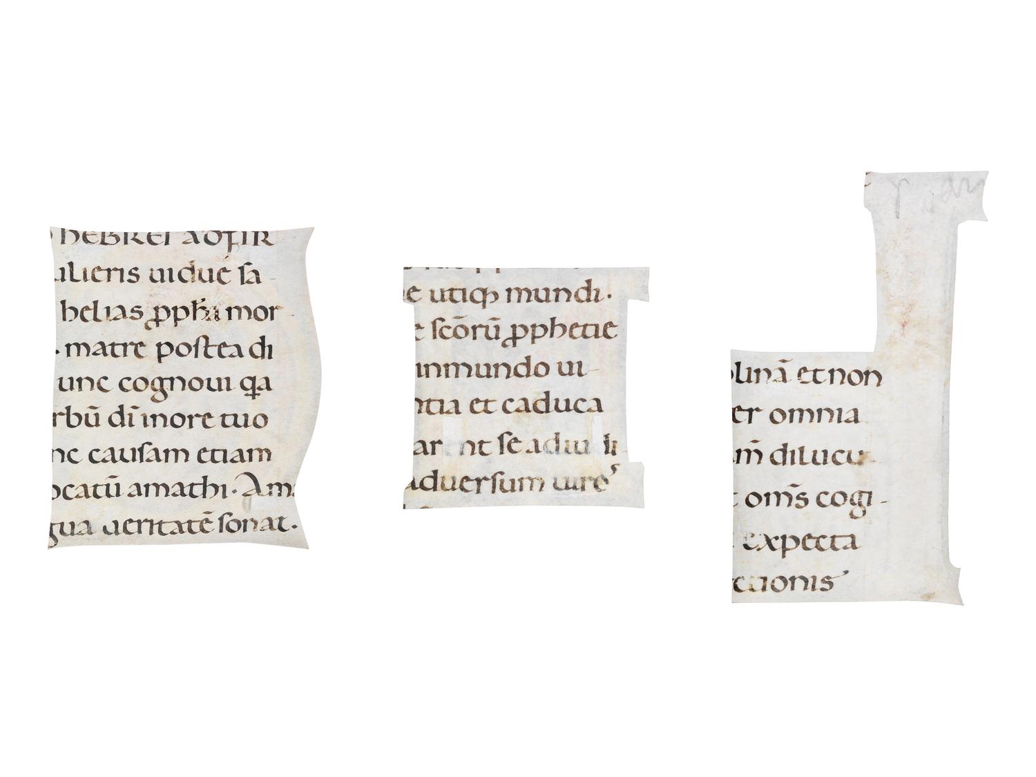 ITALIAN ROMANESQUE ARTIST Three partial leaves from an “Atlantic” Bible, with illuminated initials ‘E’, ‘N’, and ‘H’, in Latin, illuminated manuscript on parchment [Italy, Tuscany, c. 1150-1175]