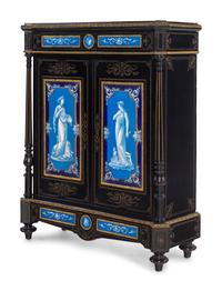 A Napoleon III Ebonized and Glazed Pottery Plaque-Mounted Marble-Top Meuble d'Appui