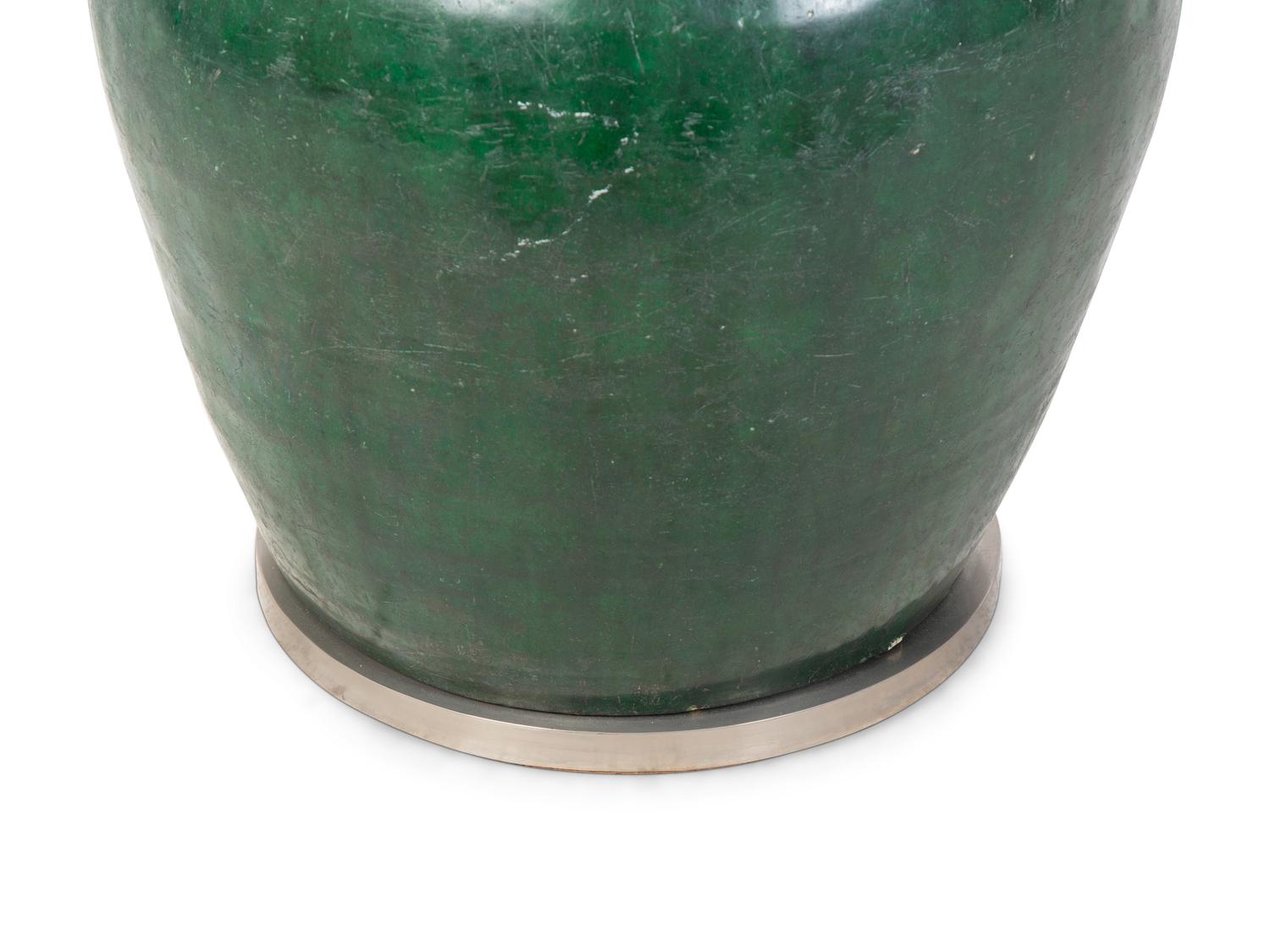 A Modern Dark Green Glazed Ceramic Oversize Table Lamp — 20TH CENTURY