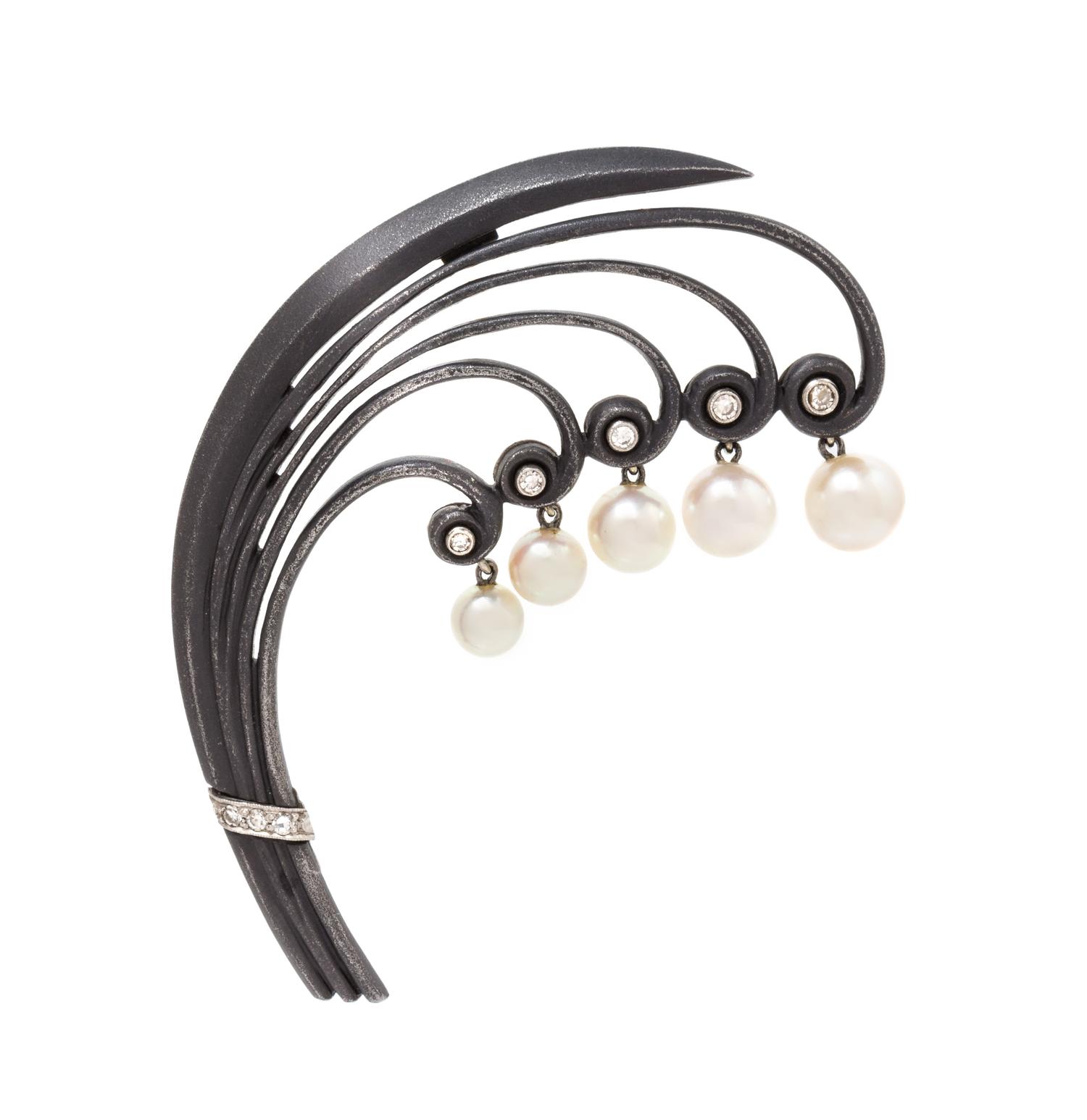 An Art Moderne Blackened Steel, White Gold, Cultured Pearl and Diamond Brooch, Marsh & Co., 9.60 dwts.