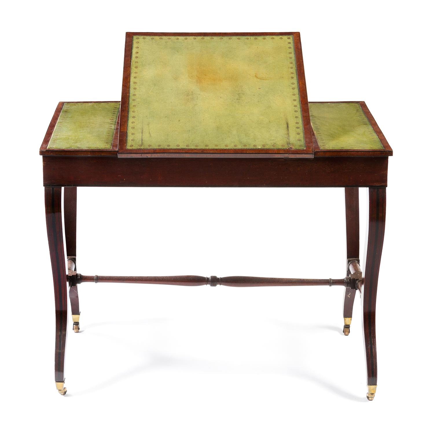 A Regency Inlaid Mahogany Writing Table Height 29 x width 36 1/4 x depth 22 inches. — CIRCA 1820