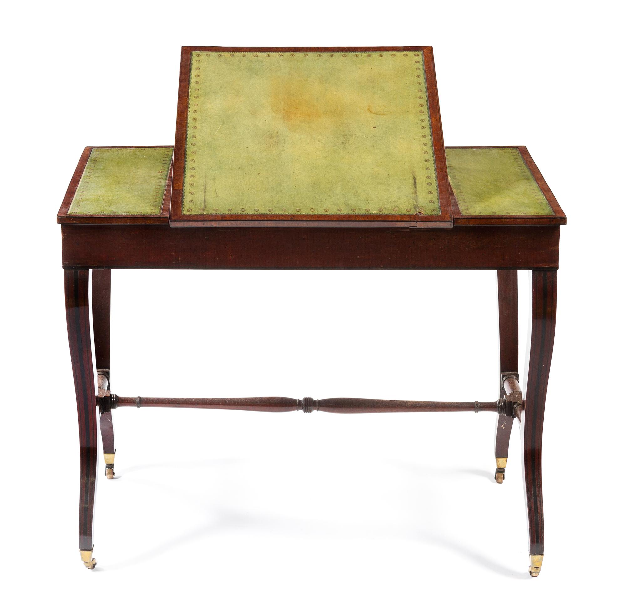 A Regency Inlaid Mahogany Writing Table Height 29 x width 36 1/4 x depth 22 inches. — CIRCA 1820