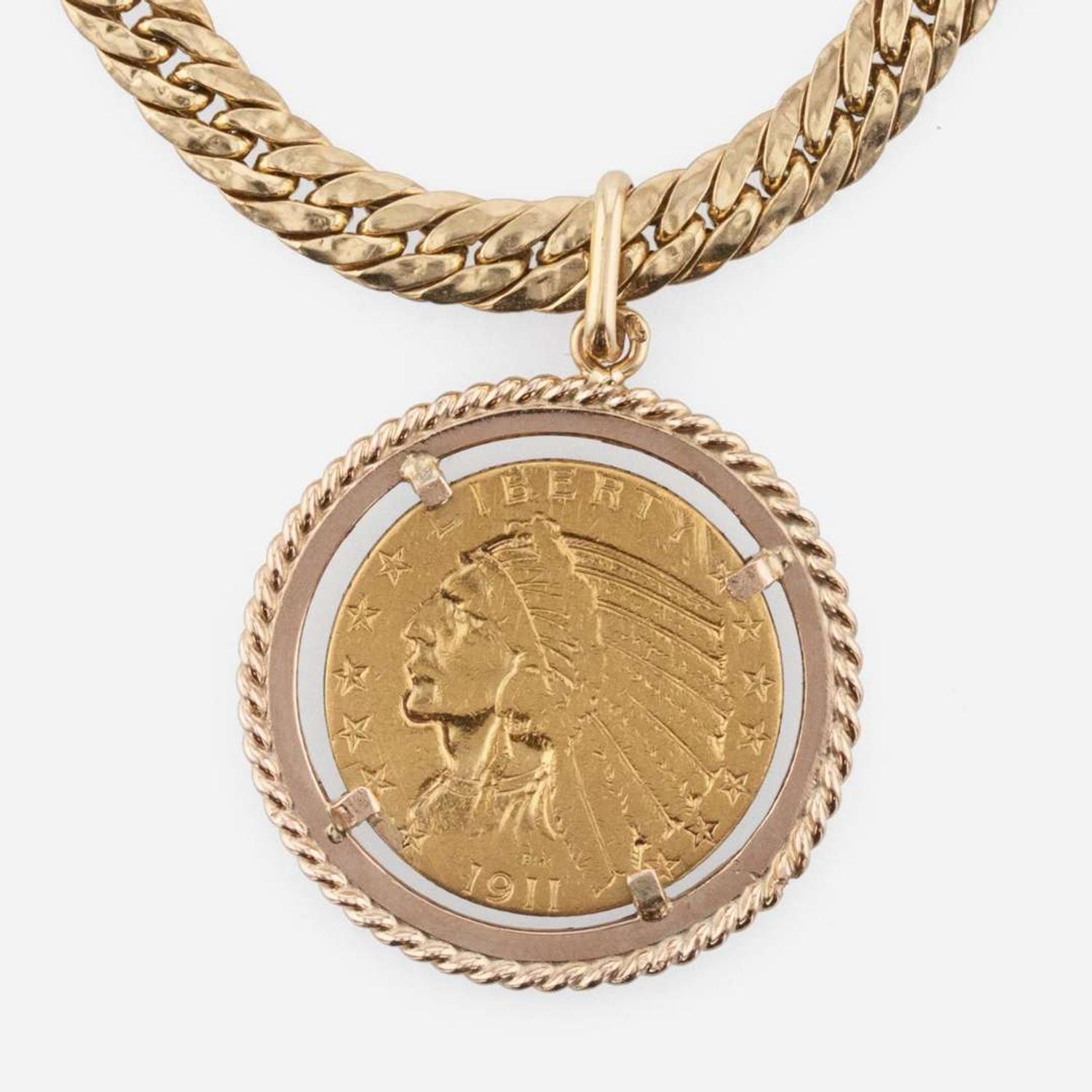 14K Yellow Gold Chain with Five Dollar 22K Gold Coin Pendant