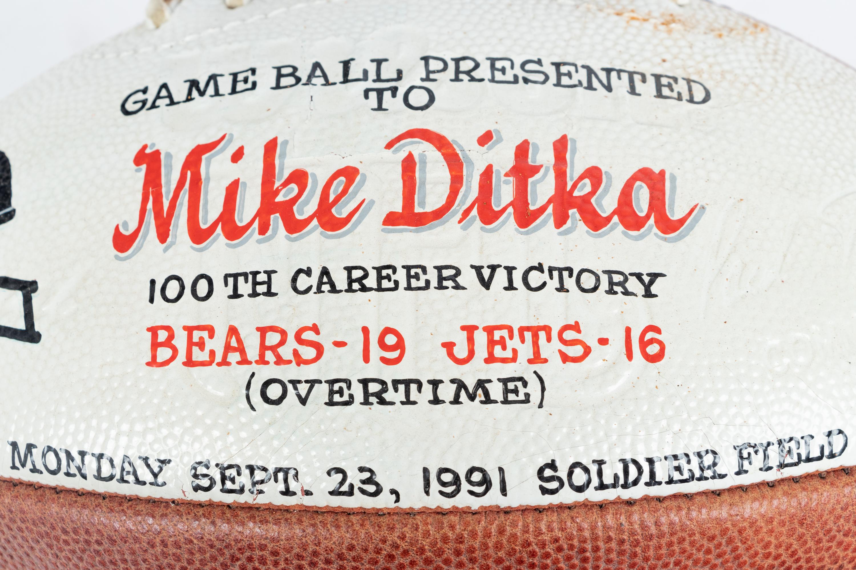 A 1991 Chicago Bears vs. New York Jets Game Ball Presented to Mike Ditka (Ditka's 100th Career Coaching Victory) Formerly Displayed at Mike Ditka's Restaurant