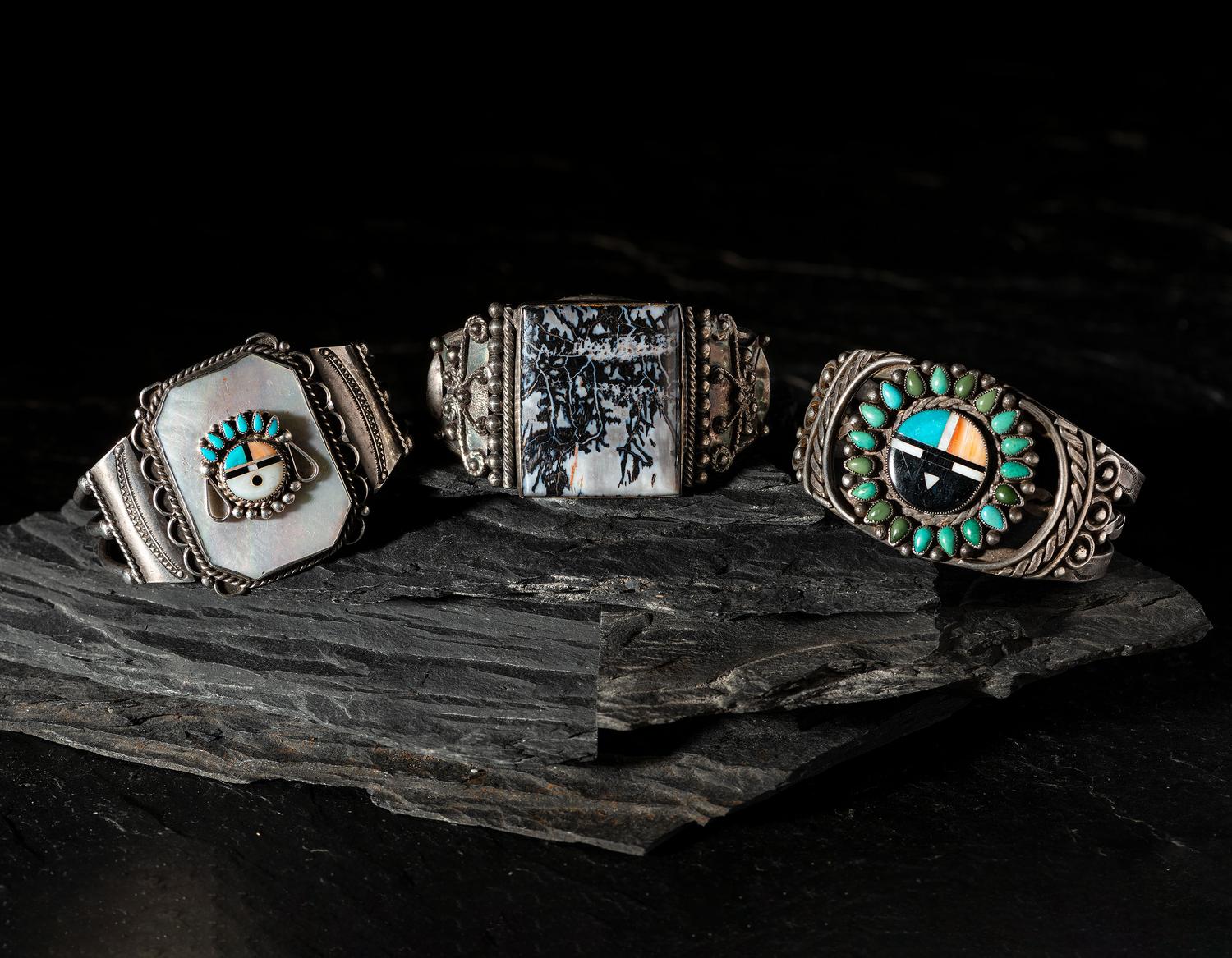 Navajo and Zuni Silver Cuff Bracelets, with Inlay