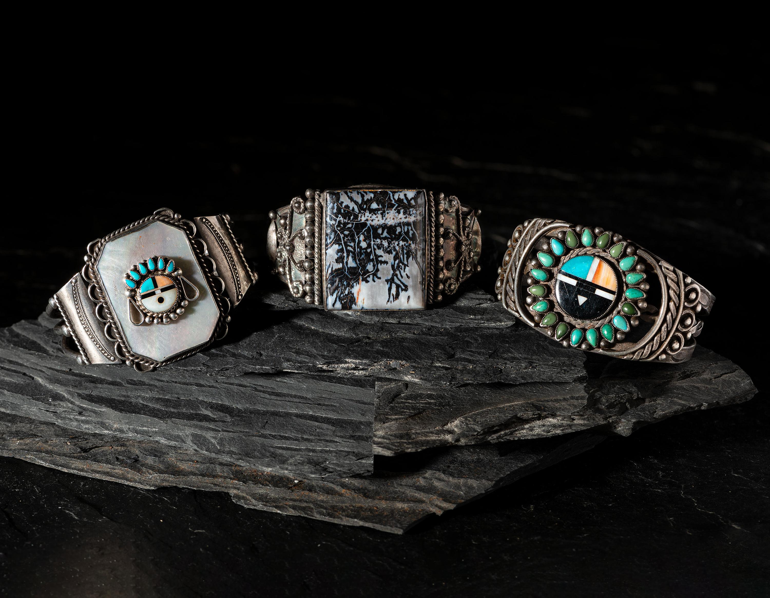 Navajo and Zuni Silver Cuff Bracelets, with Inlay