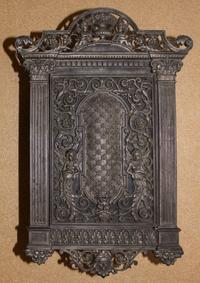 A Neoclassical Metal Wall Cabinet Height 23 1/4 x width 15 1/2 inches.