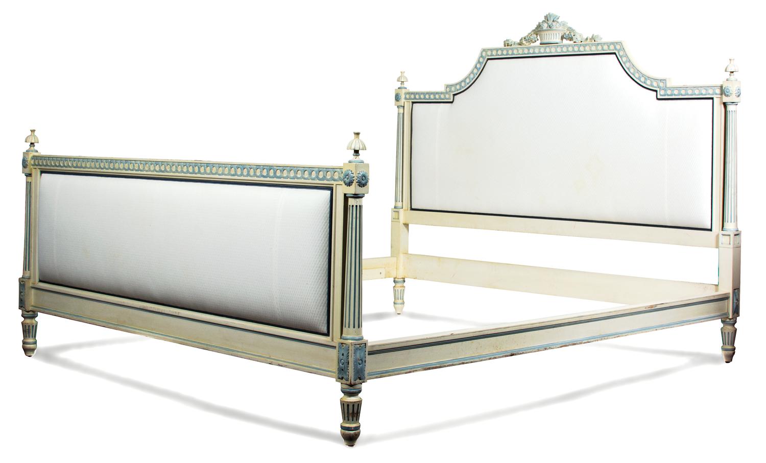 A Louis XVI Style Painted and Upholstered Bed Height 52 x width 80 inches. — 20TH CENTURY