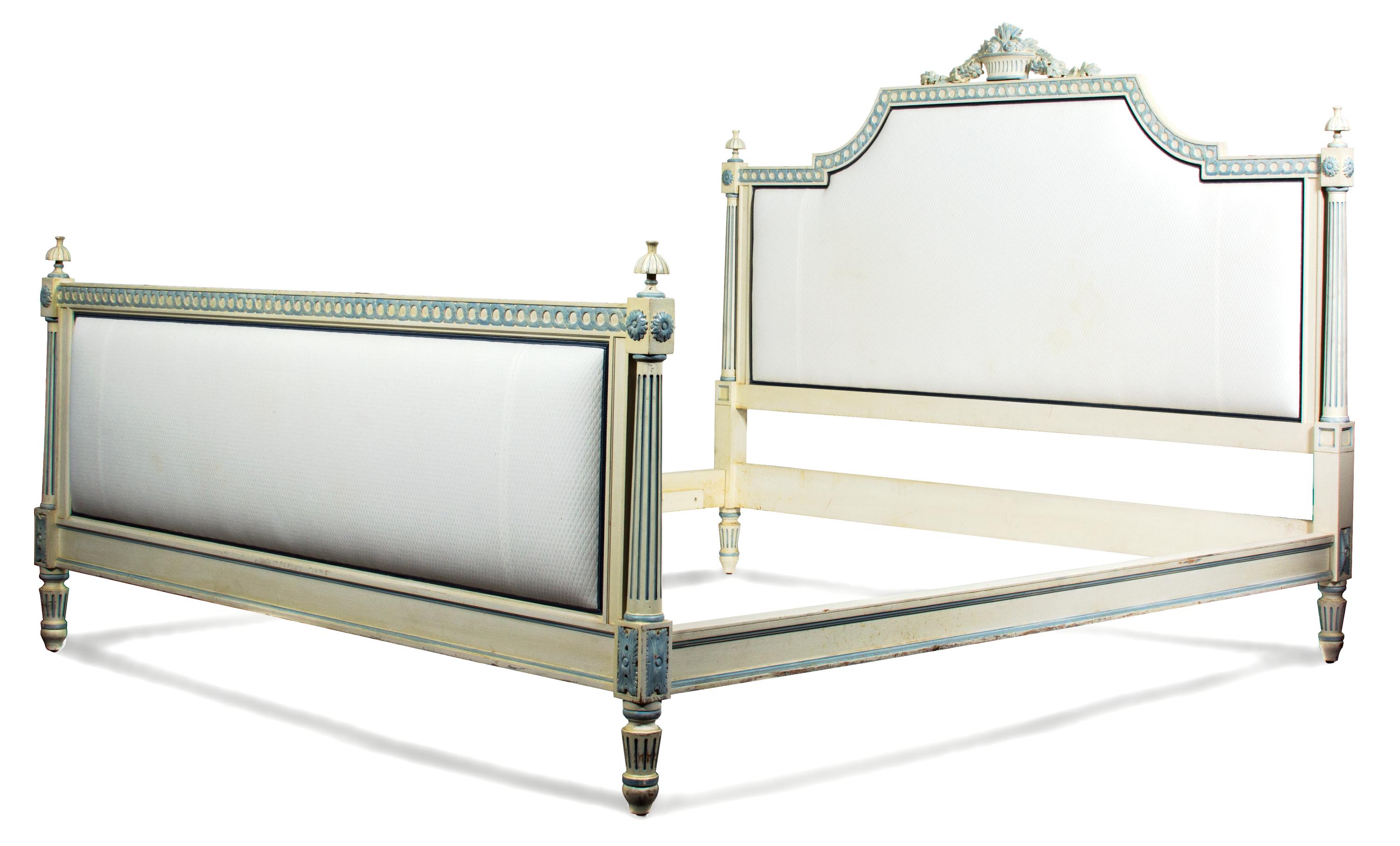 A Louis XVI Style Painted and Upholstered Bed Height 52 x width 80 inches. — 20TH CENTURY